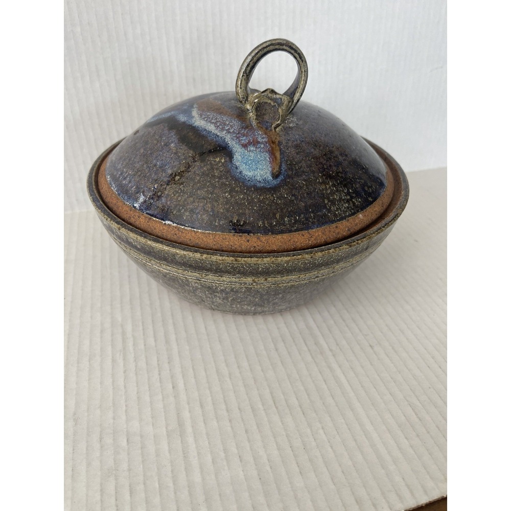 Vintage Signed Studio Pottery Covered Stoneware Serving Bowl with Lid 8"
